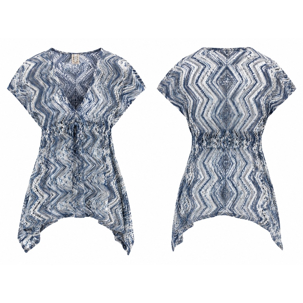 BECCA Swim Cover Up Womens XS/S Blue Metallic‎ Chevron Crochet Knit Drawstring
